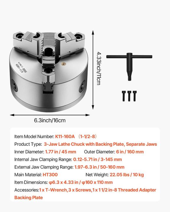 Actual product image Vevor Self-Centering Lathe Chuck