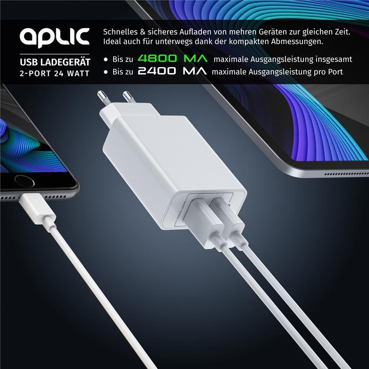 Image du produit Aplic Chargeur USB 4800 mA, banque d'énergie à 2 ports avec Smart Charge + Solid Charge, puissant 24W (24 W, 2 ports)