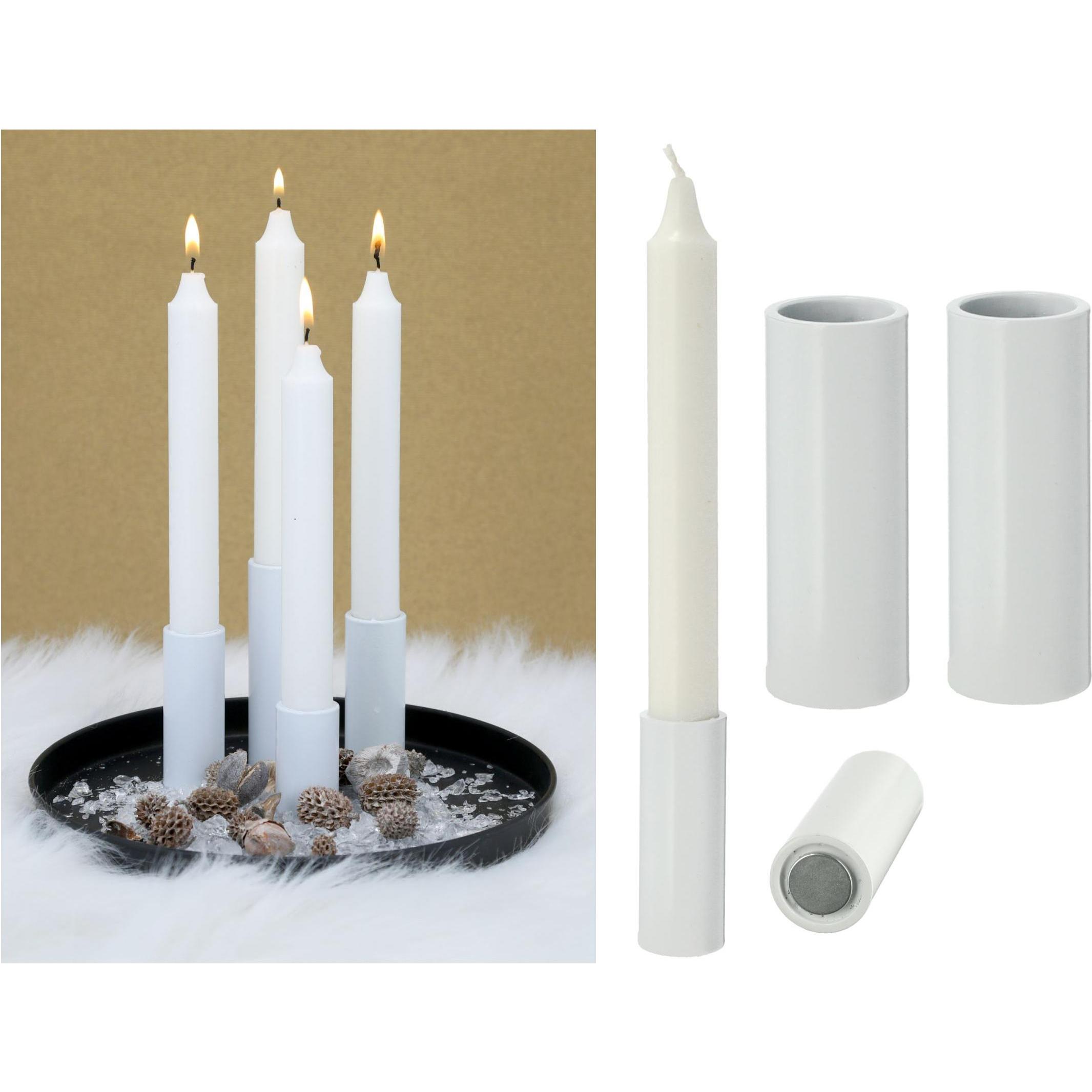 Thumbnail - Novaliv, Kerzenständer, 2er-Set Kerzenständer magnetisch Stabkerzen Tafelkerzen WEISS 2,8x5cm scandic chic