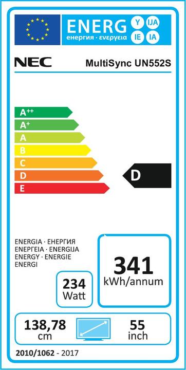 Etichetta energetica NEC MultiSync UN552S - display LCD di classe 139,7 cm (55") di diagonale con sfondo LED (1920 x 1080 pixel, 55")