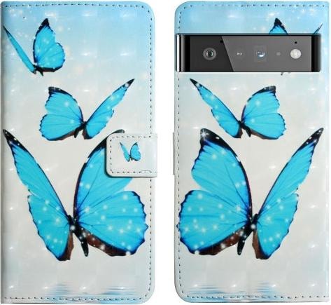 Cover-Discount Google Pixel 6 Pro - Etui Glitzer Effekt Schmetterling blau (Google Pixel 6 Pro)