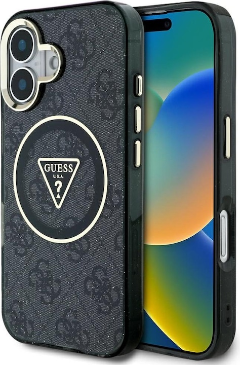 Immagine prodotto Guess Case IML Metal Glitter 4G Circle Triangle MagSafe for iPhone 16 black (Apple iPhone 16)