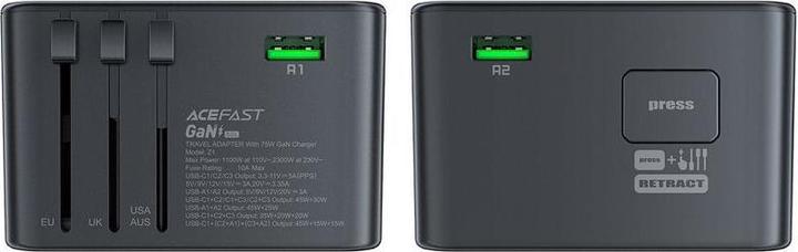 Productafbeelding Acefast Multifunctionele reiswandlader Z1, 2xUSB-A, 3xUSB-C, GaN, 67W, VS/EU/UK/AU (zwart)