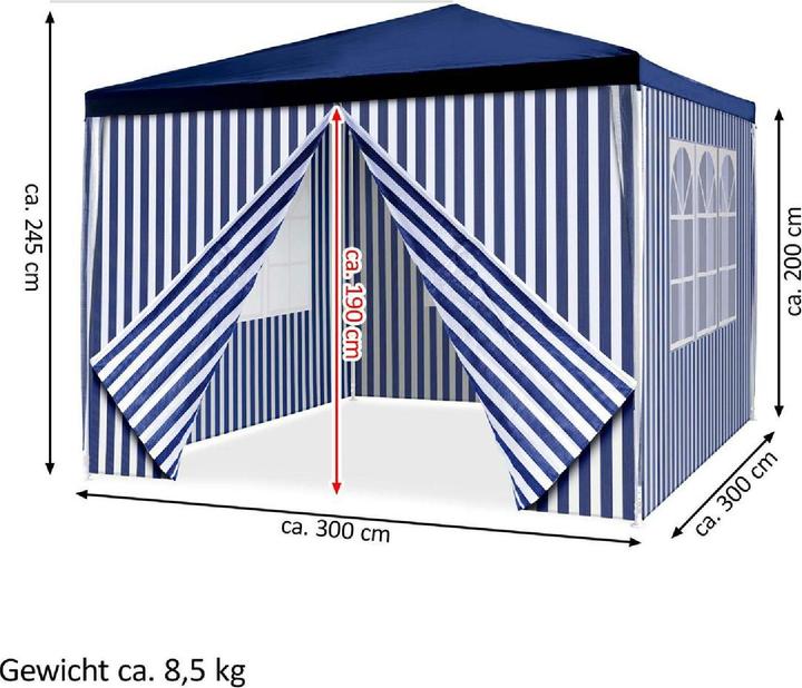 Actual product image VCM Pavillon Partyzelt 3x3m blau weiss wasserdicht 4 Seitenteile Gartenzelt Eventzelt (300 cm, 300 cm)