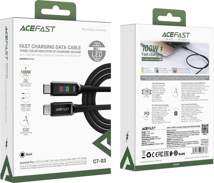 Actual product image Acefast C7-03 USB-C USB-C 100W 1.2m cable with display - black (1.20 m, USB 3.2 Gen 1, 100 W)