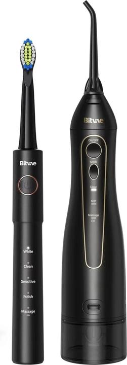 Bitvae - Spazzolino elettrico (E11) + filo interdentale (F5020E), 4 testine, 5 modalità - Nero