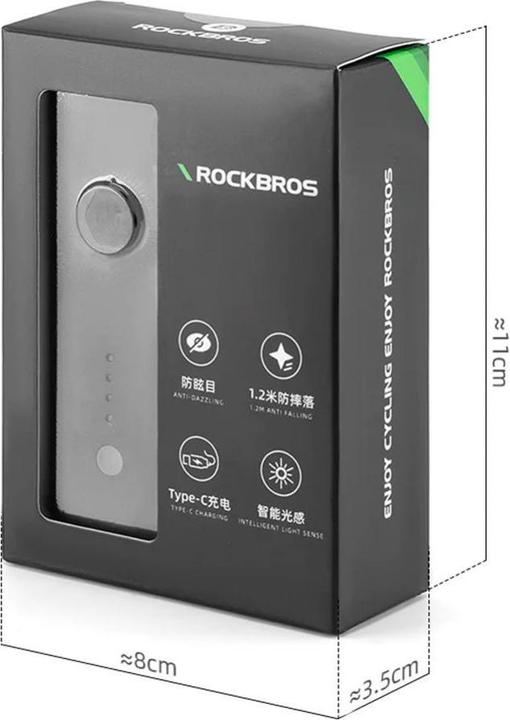 Actual product image Rockbros 24510003001 front bicycle light 260 lm + USB-C - USB-A cable - black (260 lm, 260 lm)