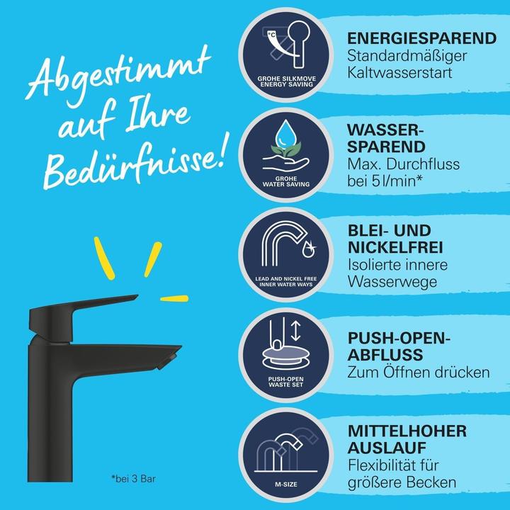 Produktbild Grohe Start QuickFix Lavaboarmatur, M-Size, Push-Open, Kaltwasser bei Mittelstellung, mattschwarz