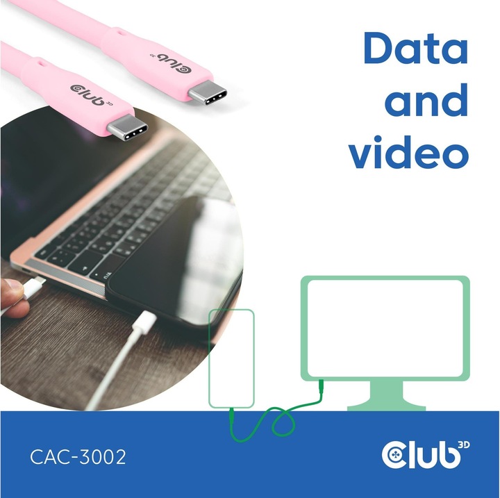 Produktbild Club 3D Club3D Lifestyle USB-C Kabel PD 240W,20Gbps 2m pink St/St retail (2 m, USB 4.0)