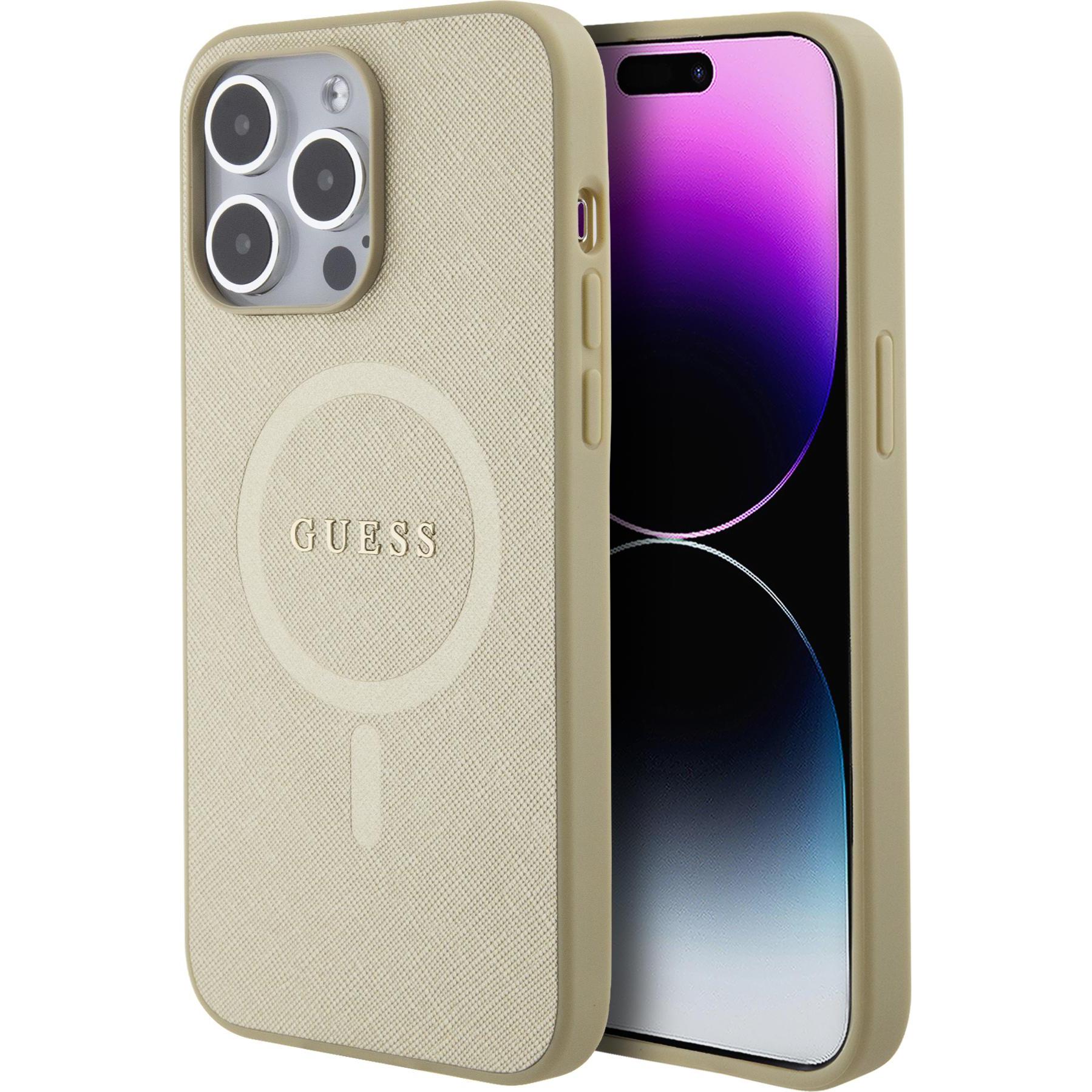 Guess GUHMP15LPSAHMCB iPhone 15 Pro 6.1" złoty/gold hardcase Saffiano MagSafe (Apple iPhone 15 Pro), Smartphone Hülle, G...