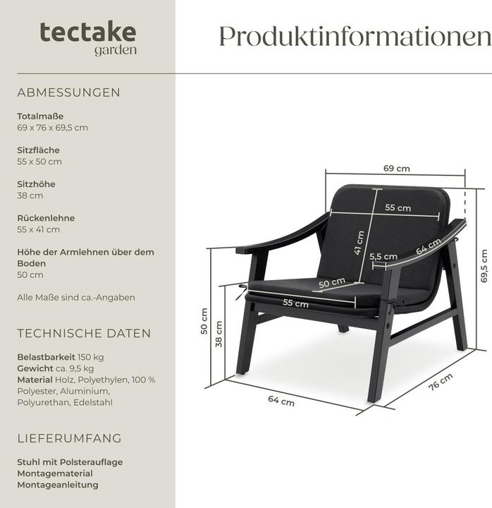 Produktbild tectake Rattan Stuhl Treviso, Holzgestell und Polsterauflage