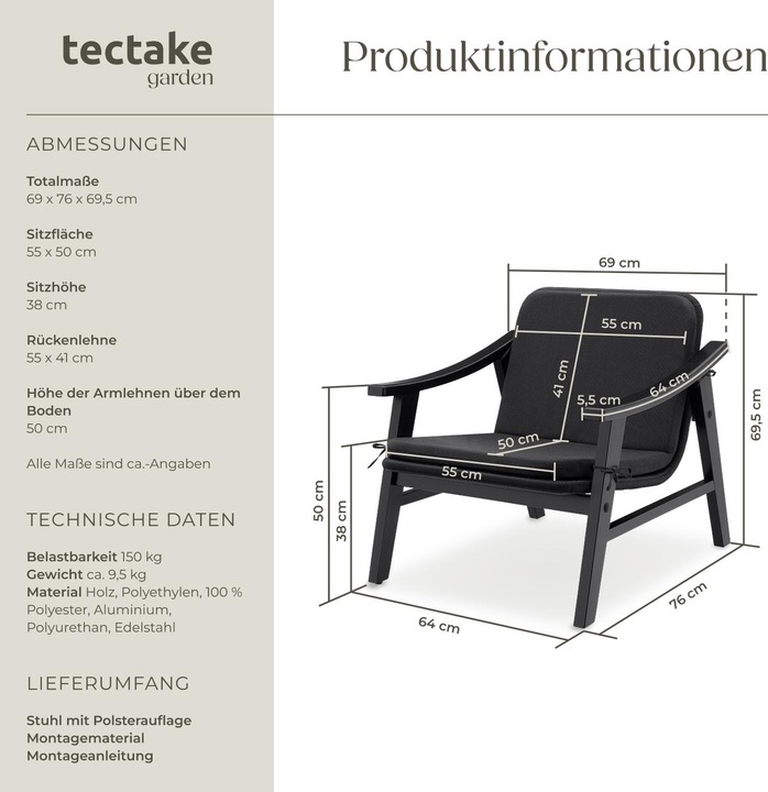 Immagine prodotto tectake Sedia in rattan Treviso, struttura in legno e cuscino