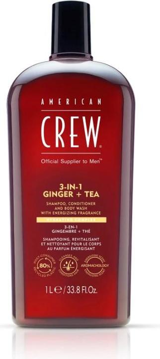 Immagine prodotto American Crew Shampoo, balsamo e lavaggio corpo 3 in 1 allo zenzero e al tè (1000 ml, Shampoo liquido)