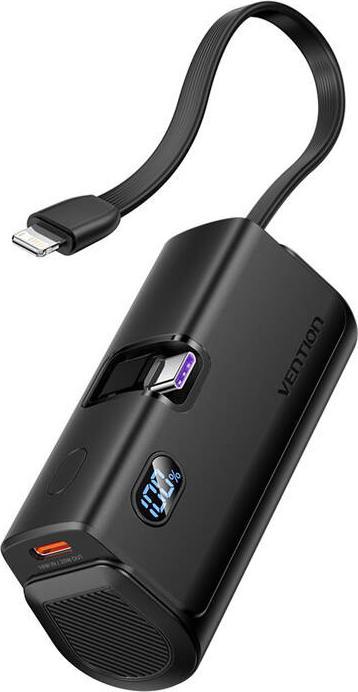 Actual product image Vention LED Display 4800mAh Power Bank (USB-C + Lightning + USB-C) 22.5W Black Foldable USB-C Type (4800 mAh, 18 W, 17.76 Wh)