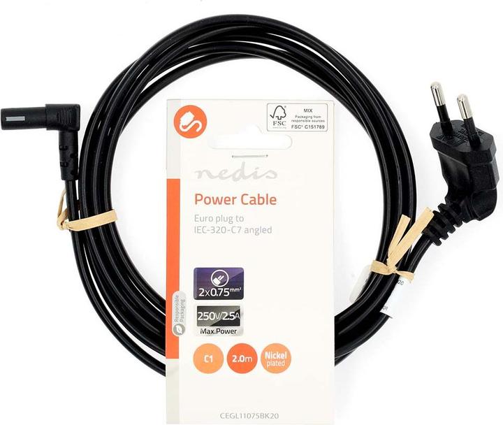 Actual product image Nedis Power cable | Euro Male | IEC-320-C1 | Angled | 90° angled | Nickel-plated | 2.00 m (2 m)