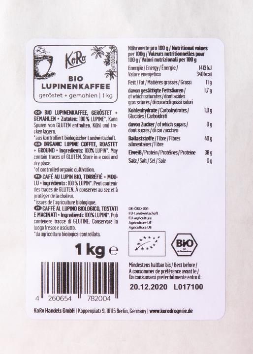 Nährwerte und Zutaten KoRo Bio Lupinenkaffee, geröstet und gemahlen (1000 g)