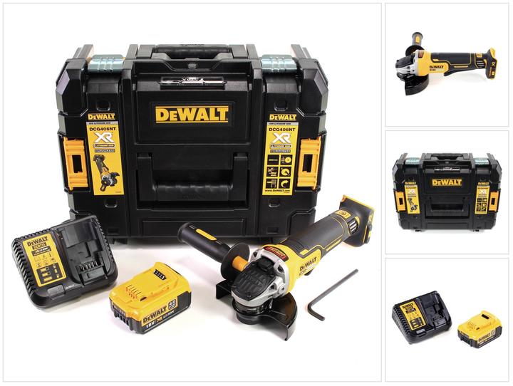 1x side handle, 1x DeWalt TSTAK, 1x quick-release nut, 1x Dewalt DCB charger, 1x assembly tool, 1x Dewalt DCB 182 18V 4 Ah battery, DeWalt DCG 406 18 V 125 mm brushless cordless angle grinder