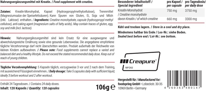 Nutritional values and ingredients Foodspring Creatine (1 Piece, Capsules, 108 g)