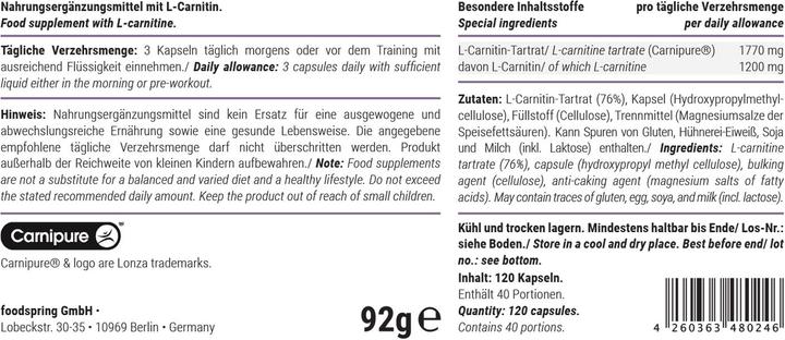 Nährwerte und Zutaten Foodspring L-Carnitin (1 Stk., Kapseln, 90 g)