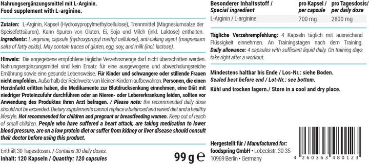 Nährwerte und Zutaten Foodspring L-Arginin (1 Stück, Kapseln, 99 g)