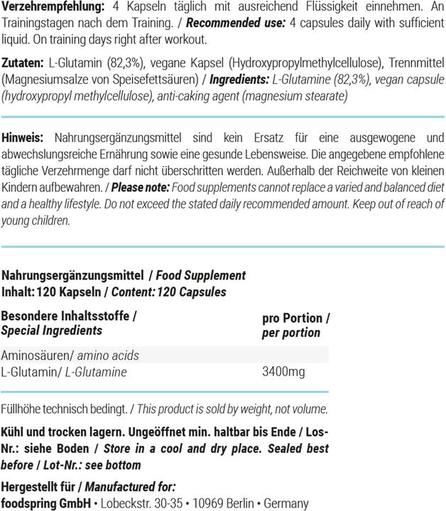 Nutritional values and ingredients Foodspring L-Glutamine (1 Piece, Capsules, 102 g)