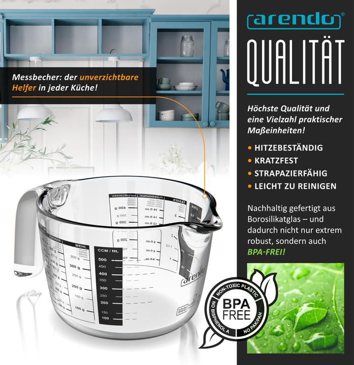 Immagine prodotto Arendo Messbecher 500 ml Glas Messkrug, Borosilikatglas, Mikrowellengeeignet, Küchenmass, Masskanne, 0,5 L (500 ml)
