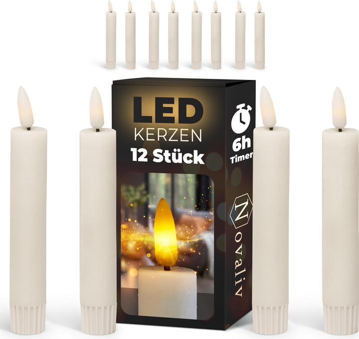 Produktbild Novaliv LED Stabkerze mit Timer-Funktion 12er Set - Weiße Stabkerze LED Moving Flame Timer - 12,5cm (12 x)