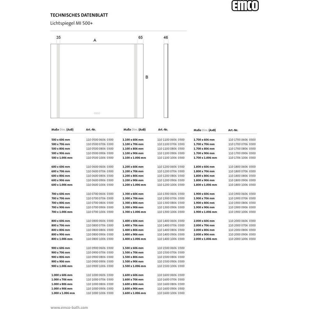 Thumbnail - Emco, Spiegelschrank, MI 500+ LED-Lichtspiegel, zwei Lichtausschnitte seitlich, Touch-Bedienfeld, Breite 900mm, 11009