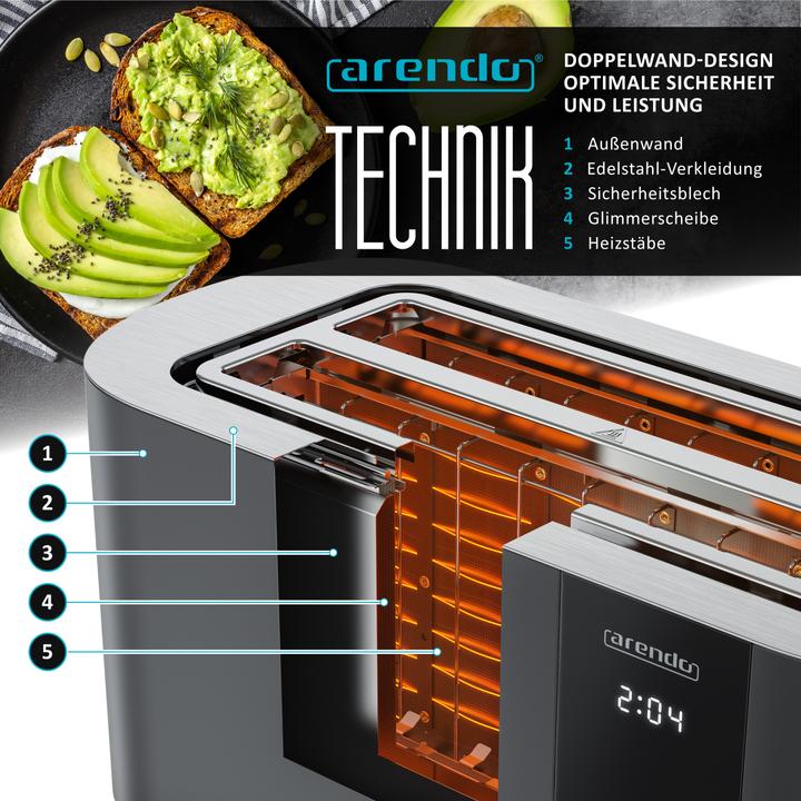 Image du produit Arendo Toaster Edelstahl 4 Scheiben Langschlitz, Touch Display, Bräunungsgrad & Restzeitanzeige, 1500 W