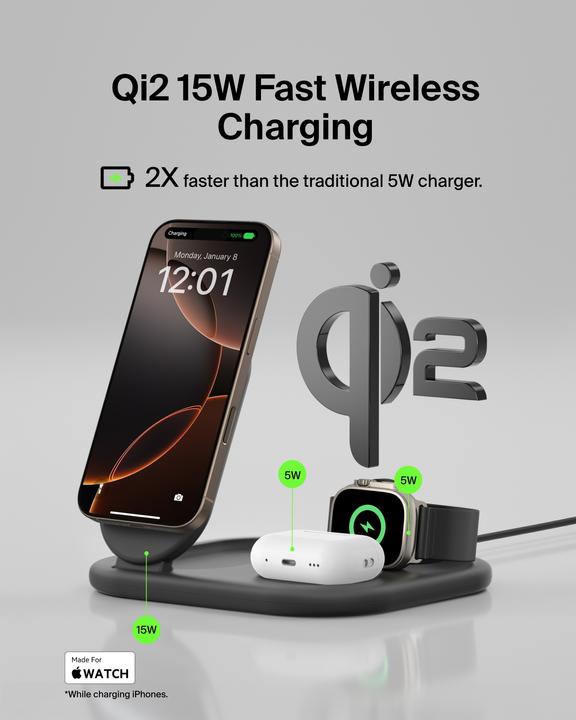Immagine prodotto Belkin Stazione di ricarica Qi2 BoostCharge 3-in-1 (15 W)