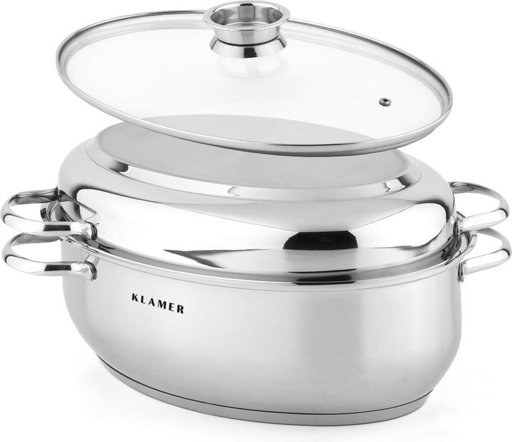 Produktbild KLAMER Edelstahl Bräter mit Deckel 38 cm, backofengeeignet, 8.5L mit 4L Deckelpfanne, für alle Herdarten (38 cm, Bräter + Schmortopf, Edelstahl)