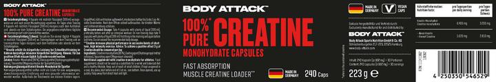 Nutritional values and ingredients Body Attack Pure Creatine (240 Caps) (240 Piece, Capsules, 221 g)