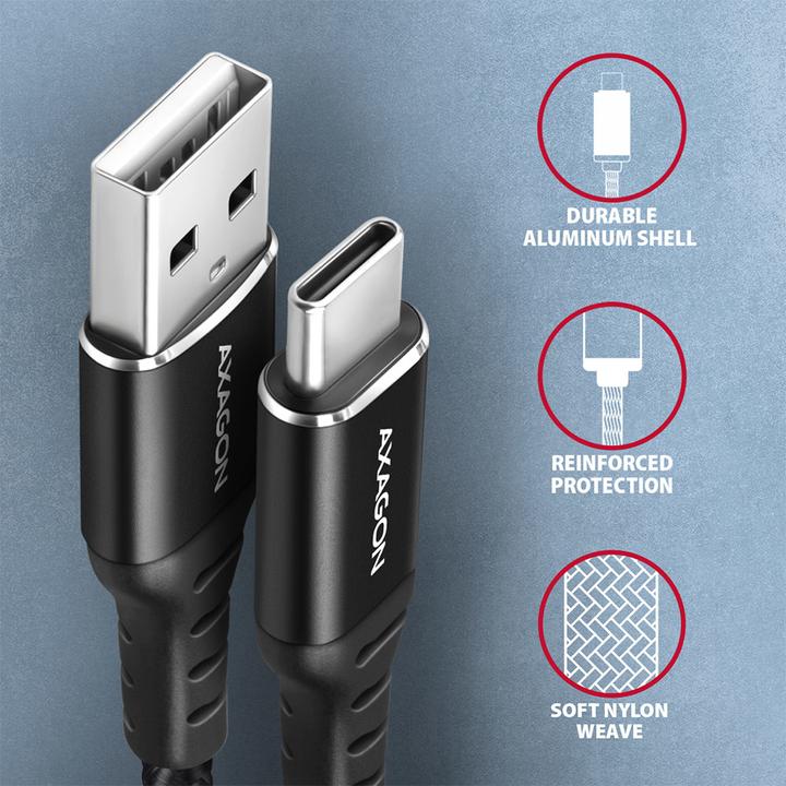 Produktbild Axagon BUCM-AM20AB USB-C zu USB-A Kabel, 2 m, USB 2.0, 3A, geflochten - schwarz (2 m, USB 2.0, 5 W)