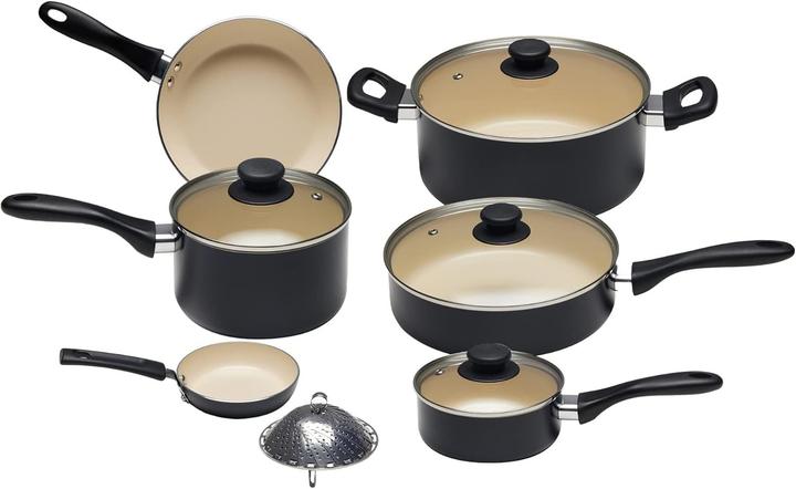 Actual product image Amazon Basics 11Piece Pan Set Ceramic Pots and Pans NonStick Coating PFOA and PTFE Free BlackCream (Pan set + pot set, Aluminium)