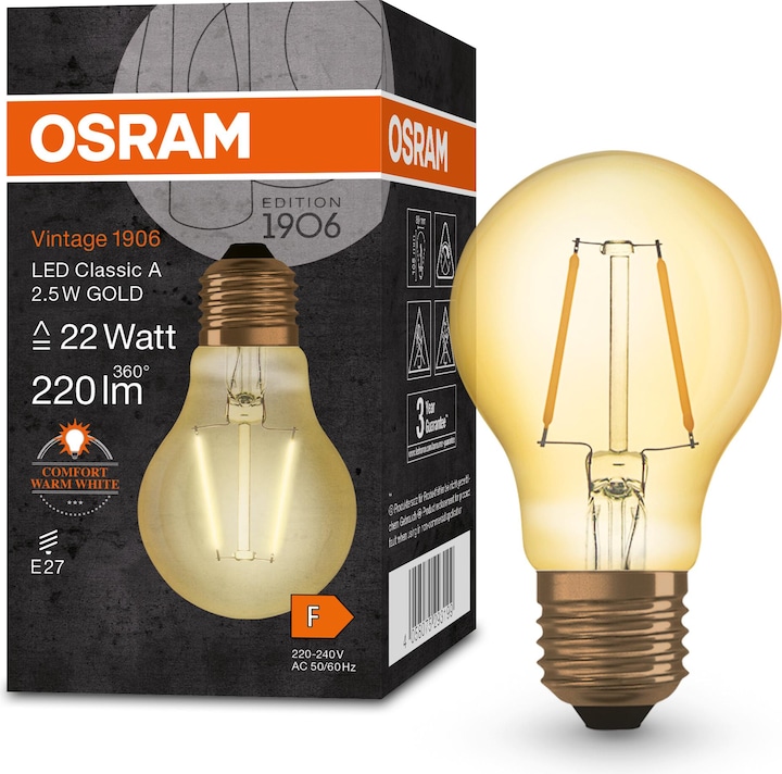 Produktbild Osram Vintage 1906 Led Classic A (E27, 2.50 W, 220 lm, 1 x, F)