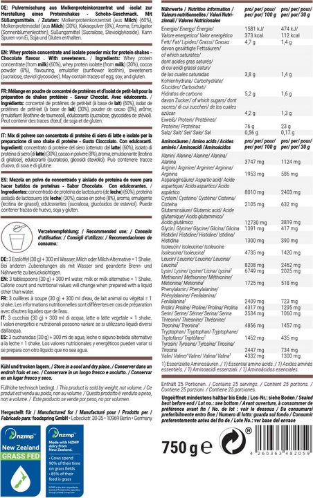 Valori nutrizionali e ingredienti Foodspring Proteine del siero di latte (Cioccolato, 1 pz., 750 g)