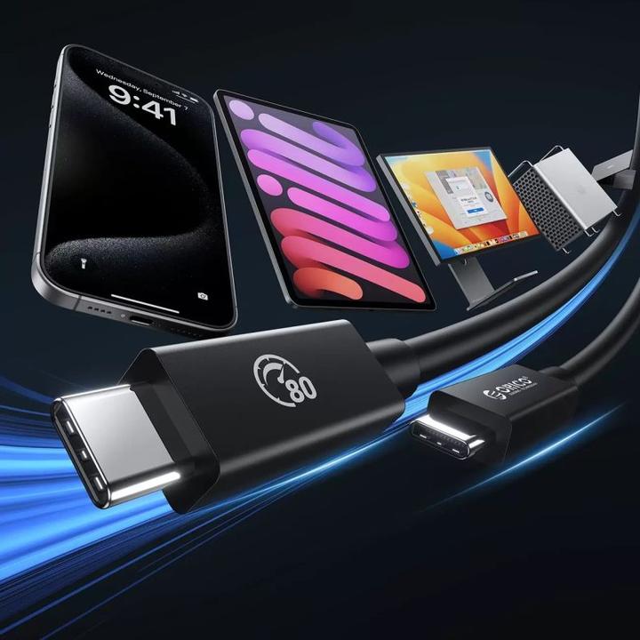 Produktbild Orico USB4 Thunderbolt5 Kabel 80 Gbit/s 240 W USB-C auf USB-C 1 m - Schwarz (1 m, 240 W)