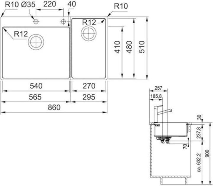 Produktbild Franke BWX 220-54-27 TL (Aufsatzspülbecken, 51 cm, 86 cm)