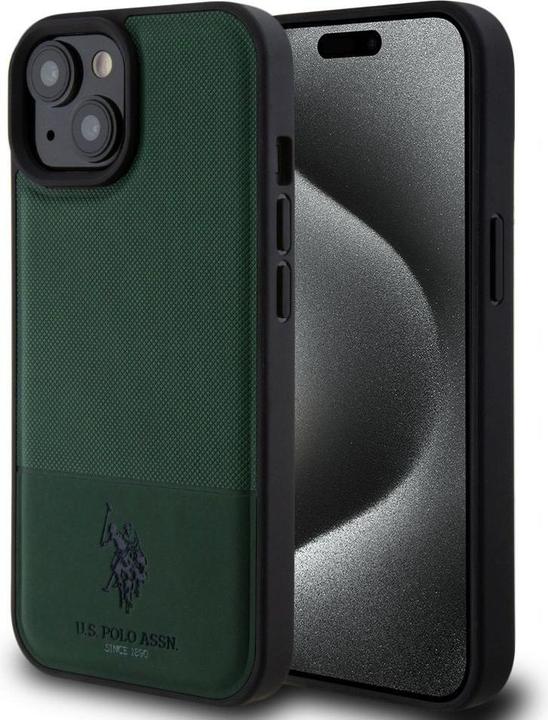 Actual product image U.S. Polo PU Leather Mesh Pattern Double Horse Case for iPhone 15 Green (Apple iPhone 15)