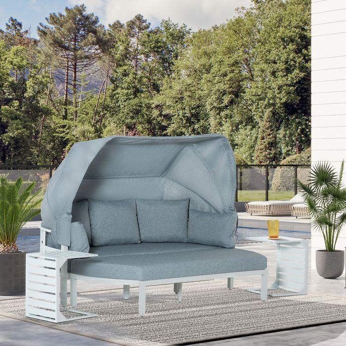 Actual product image Swisshandel24 Garden furniture set for 5 persons with side table Roof Sofa with cushions Outdoor Aluminium