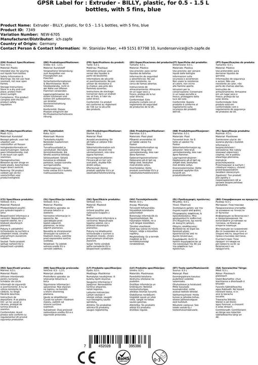 Produktbild Ich-zapfe BILLY - Kunststoff-Ausgiesser für 0,5 - 1,5 lt. Flaschen - Blau - Mit 5 Lamellen (Dosierer + Ausgiesser)