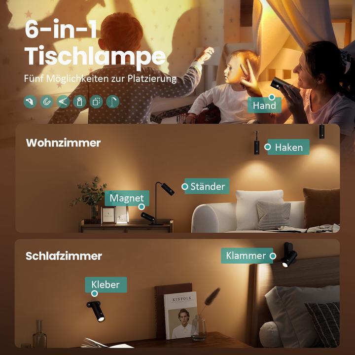 Produktbild Emke LED Tischlampe kabellos, 6-in-1, dimmbar, Touch LED, Schwarz, 3 Farbmodi, magnetische Wandleuchte, U
