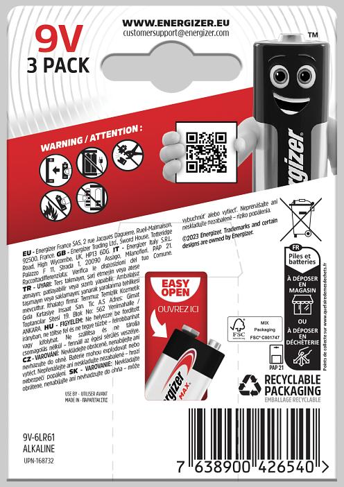 Immagine prodotto Energizer Max Alcalina (3 pz., 9V Block)