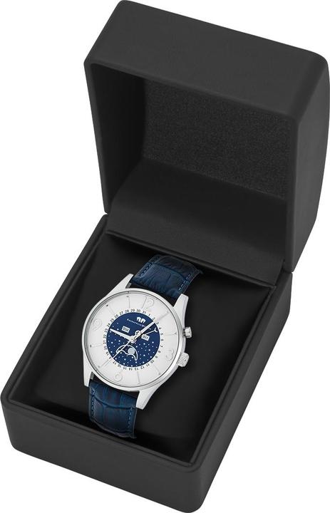Actual product image Men quartz watch Moontime genuine leather blue - 16416 (Analogue wristwatch, 43 mm)