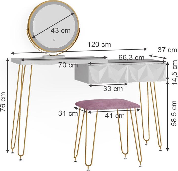 Image du produit Vicco Bella avec éclairage LED et tabouret (120 x 37 x 76 cm)
