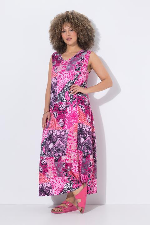 Produktbild Ulla Popken Maxikleid, Patchmuster, A-Linie, V-Ausschnitt, ärmellos (58, 60)