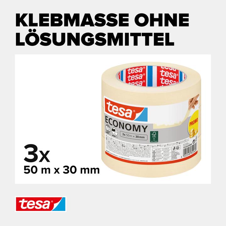 Produktbild tesa 3x Malerband ECONOMY Abdeckband, Dreierpack (30 mm)
