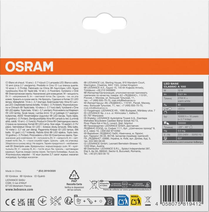 Immagine prodotto Osram Base Led Classic A (E27, 14 W, 1521 lm, 3 x, F)