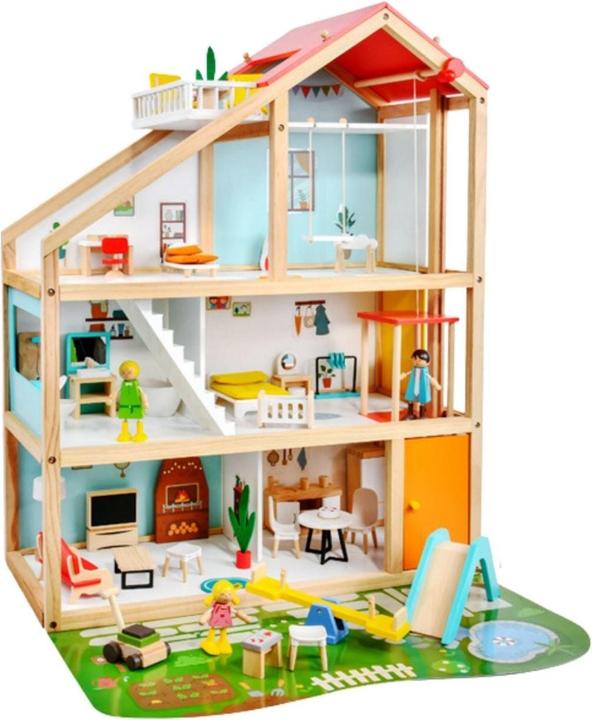Hermex 59-tlg. Holz-Puppenhaus mit Puppen Puppen-Villa mit Garten Spielhaus