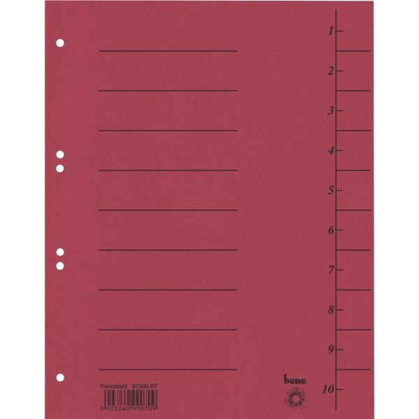 Bene, Ordner Zubehör, 97300 Trennblätter A4 durchgefärbt, Inh.100, rot